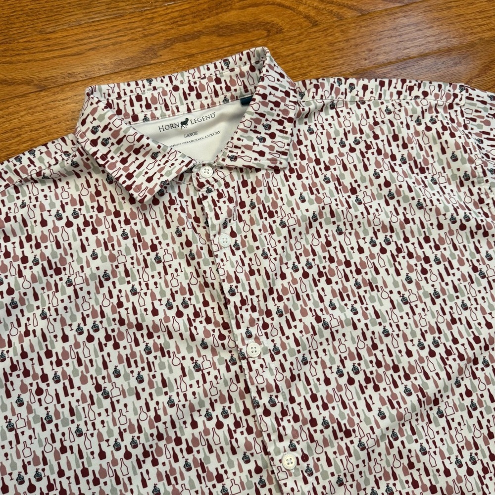Horn Legend Button Down Shirt Mens Large Bamboo Stretch Alcohol Wine Print Golf